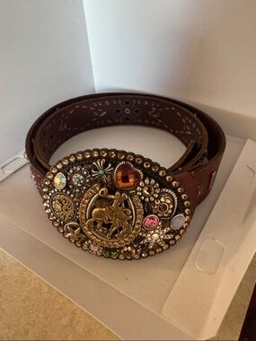 Ariat Brown Leather Belt with Ornate Multicolored Western Buckle